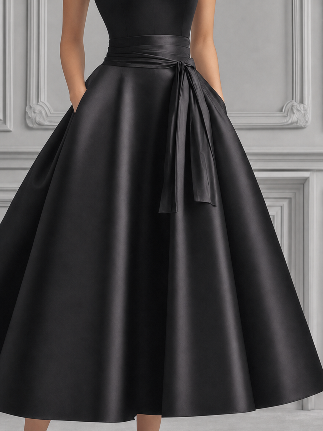 Black Satin High Neck Cutout Full-Skirt Dress