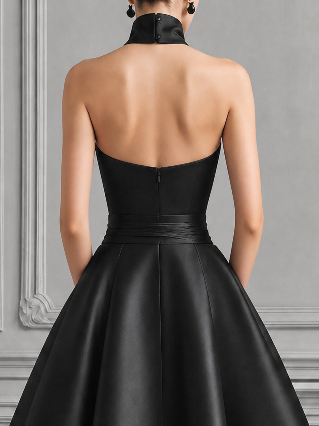 Black Satin High Neck Cutout Full-Skirt Dress
