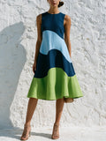 Wave Color Block Sleeveless A-Line Midi Dress – Blue & Green Modern Art Dress