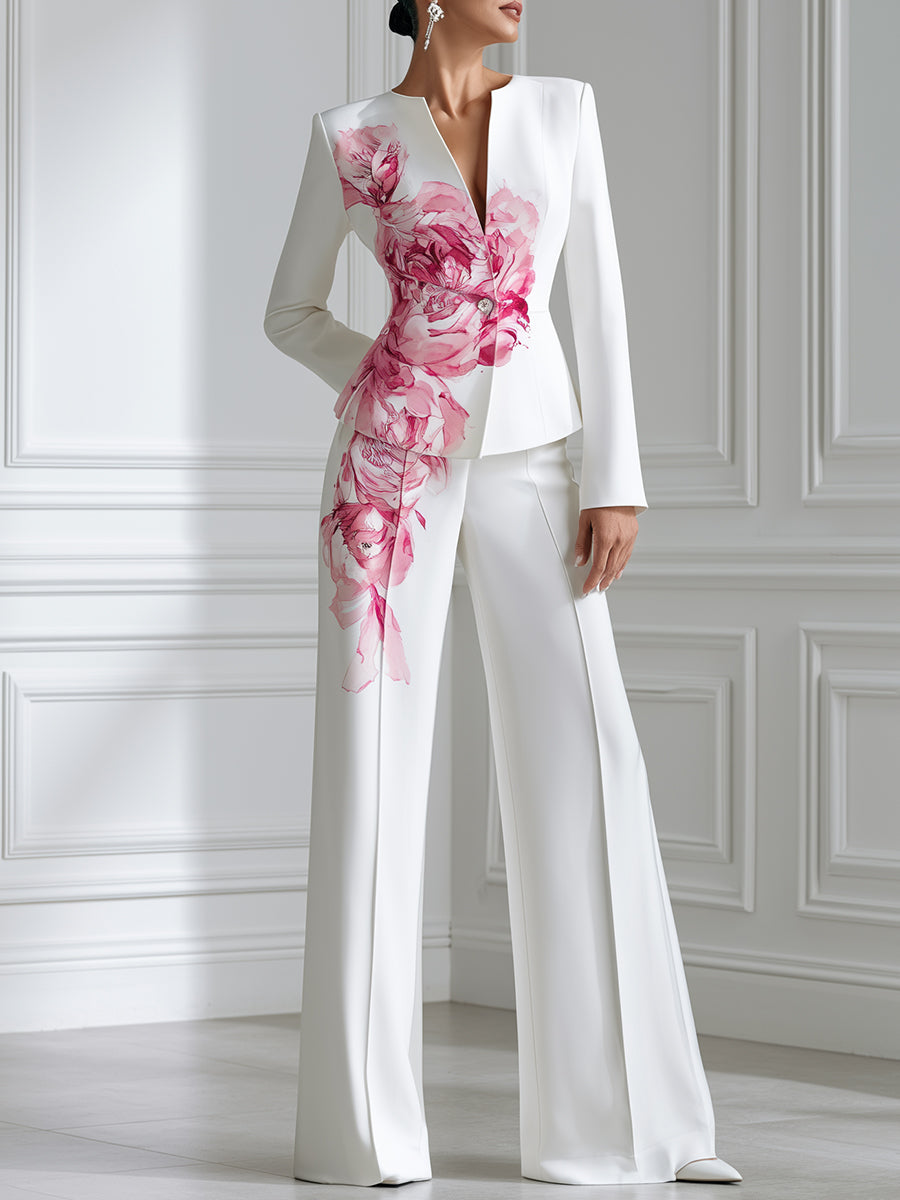 White Watercolor Pink Peony Print Stand Collar Tailored Blazer & Wide Leg Trousers Two-Piece Suit Set