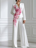 White Watercolor Pink Peony Print Stand Collar Tailored Blazer & Wide Leg Trousers Two-Piece Suit Set