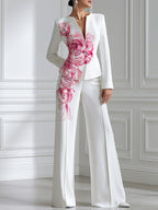 White Watercolor Pink Peony Print Stand Collar Tailored Blazer & Wide Leg Trousers Two-Piece Suit Set
