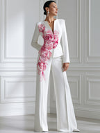 White Watercolor Pink Peony Print Stand Collar Tailored Blazer & Wide Leg Trousers Two-Piece Suit Set