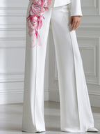 White Watercolor Pink Peony Print Stand Collar Tailored Blazer & Wide Leg Trousers Two-Piece Suit Set