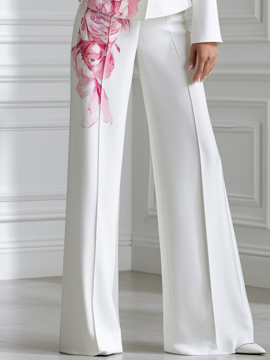 White Watercolor Pink Peony Print Stand Collar Tailored Blazer & Wide Leg Trousers Two-Piece Suit Set