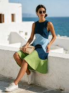 Wave Color Block Sleeveless A-Line Midi Dress – Blue & Green Modern Art Dress