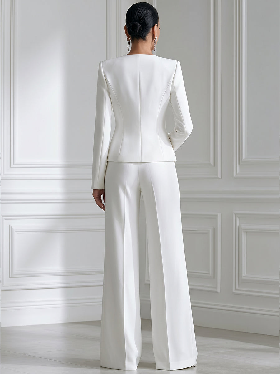 White Watercolor Pink Peony Print Stand Collar Tailored Blazer & Wide Leg Trousers Two-Piece Suit Set