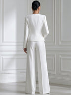 White Watercolor Pink Peony Print Stand Collar Tailored Blazer & Wide Leg Trousers Two-Piece Suit Set