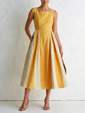 Mustard Yellow Pleated Midi Dress – Sleeveless Square Neck A-Line Elegant Summer Dress With Contrast Panel Skirt