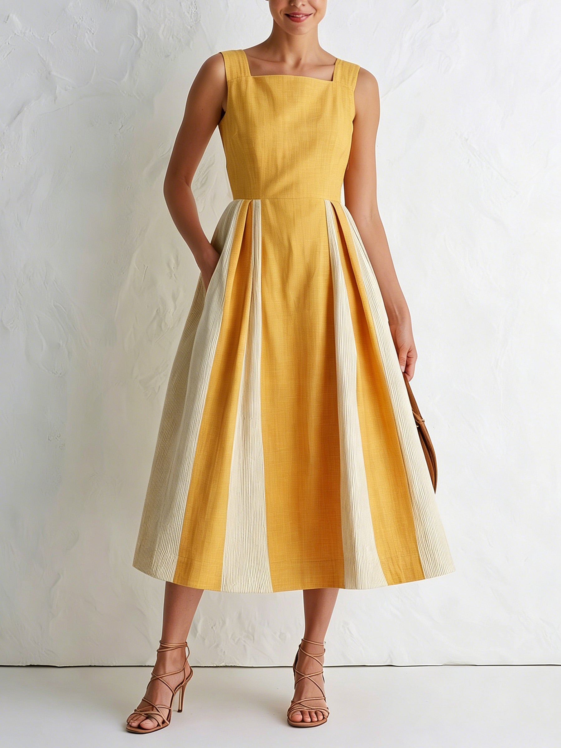 Mustard Yellow Pleated Midi Dress – Sleeveless Square Neck A-Line Elegant Summer Dress With Contrast Panel Skirt