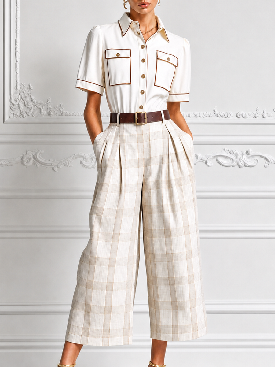 Ivory Contrast Piping Utility Shirt & Beige Plaid Wide Leg Cropped Trousers Two-Piece Suit Set