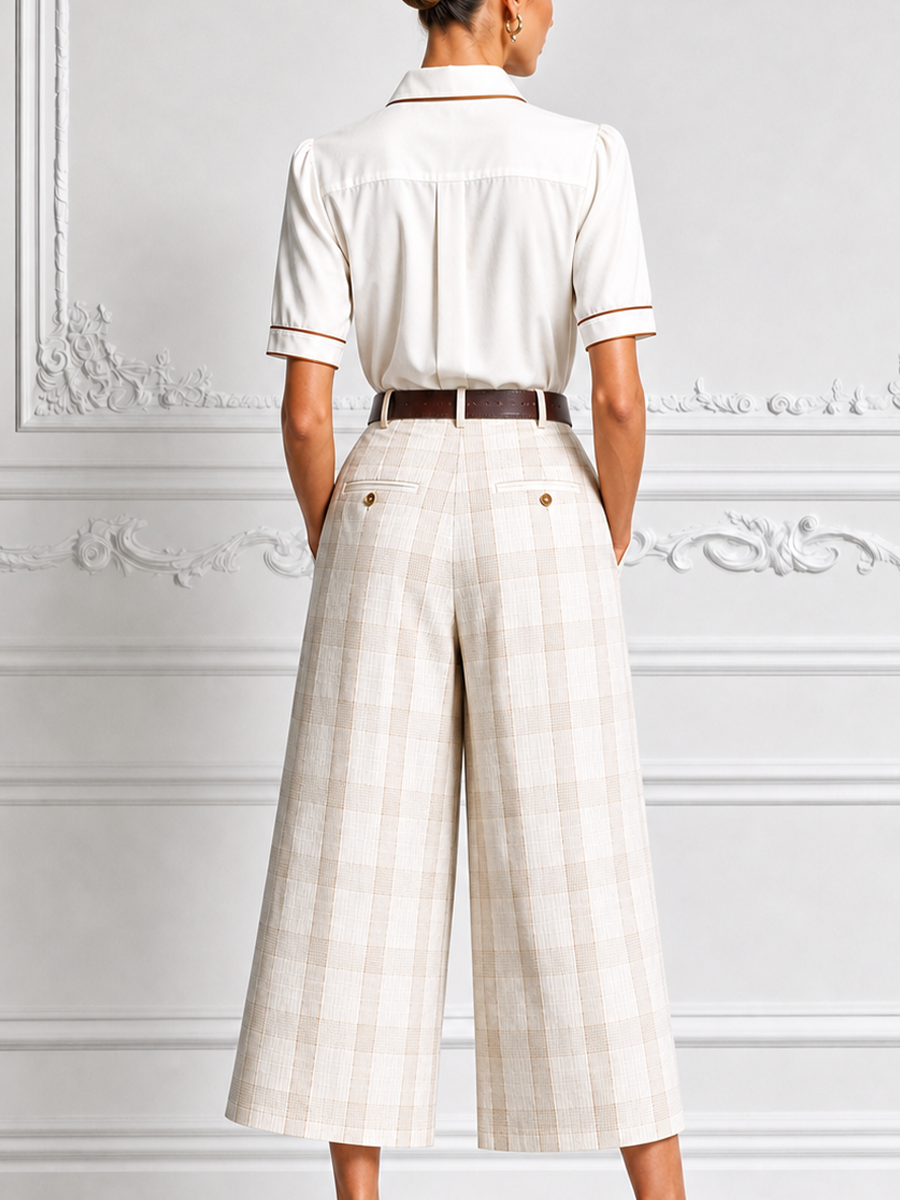 Ivory Contrast Piping Utility Shirt & Beige Plaid Wide Leg Cropped Trousers Two-Piece Suit Set
