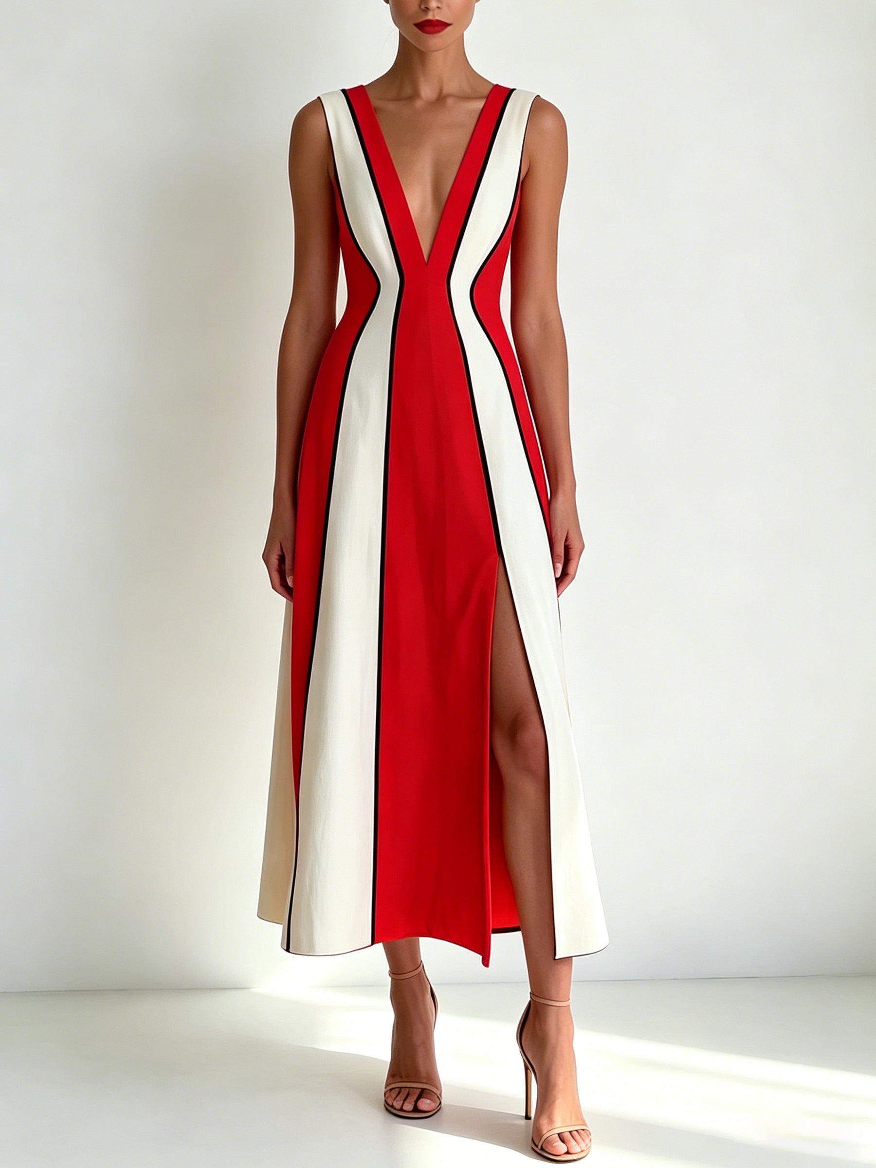 Red & Ivory Colorblock V-Neck Midi Dress | Sleek Sleeveless Slit Bodycon Dress