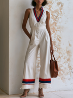 V-Neck Striped Rib Trim Sleeveless High Waist Wide Leg Jumpsuit