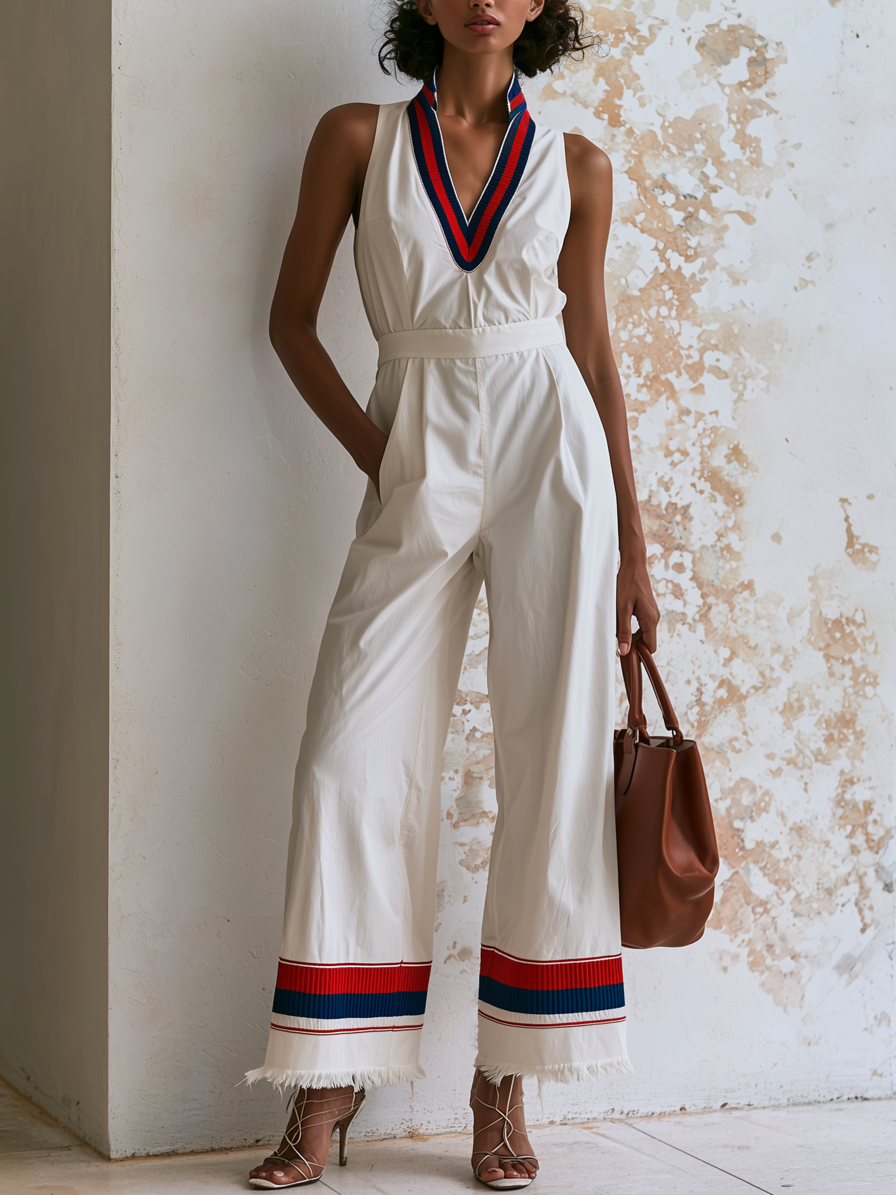 V-Neck Striped Rib Trim Sleeveless High Waist Wide Leg Jumpsuit