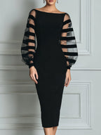 Off Shoulder Striped Mesh Puff Sleeve Bodycon Midi Dress