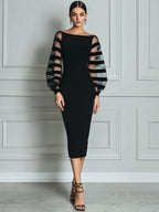 Off Shoulder Striped Mesh Puff Sleeve Bodycon Midi Dress