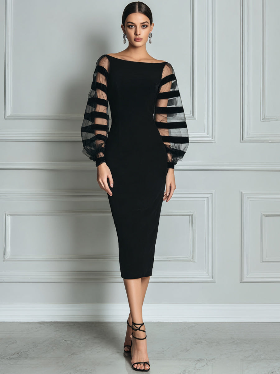 Off Shoulder Striped Mesh Puff Sleeve Bodycon Midi Dress