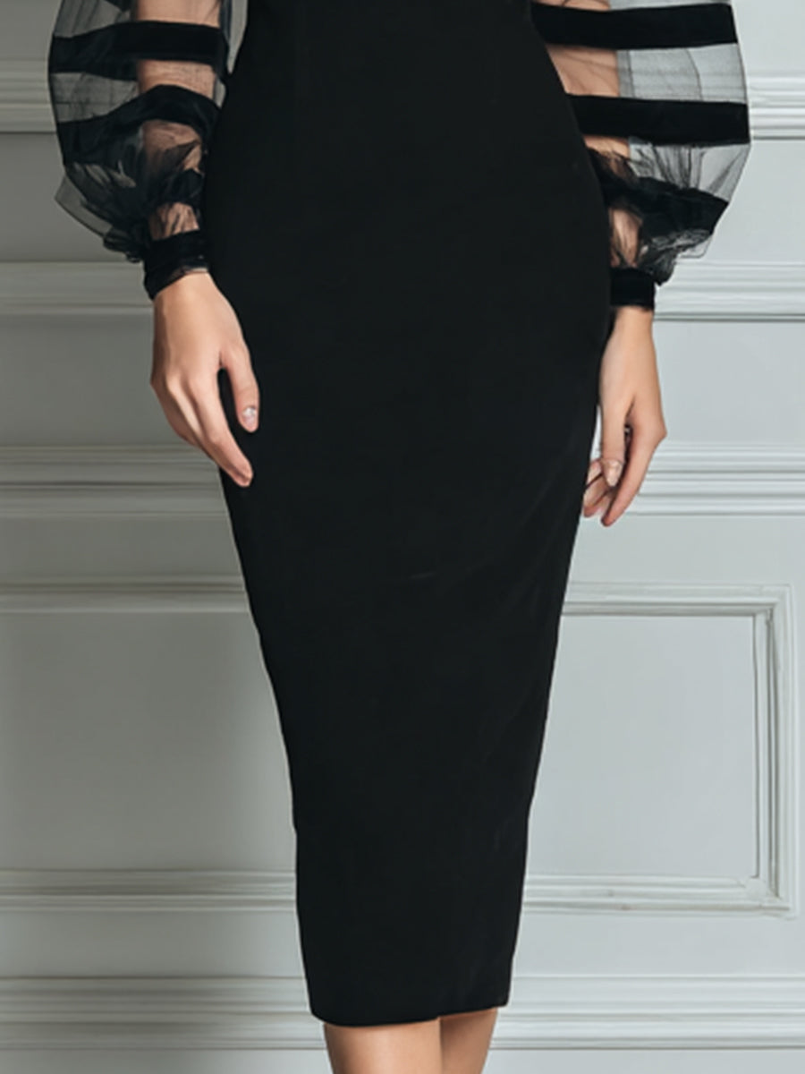 Off Shoulder Striped Mesh Puff Sleeve Bodycon Midi Dress