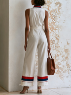 V-Neck Striped Rib Trim Sleeveless High Waist Wide Leg Jumpsuit