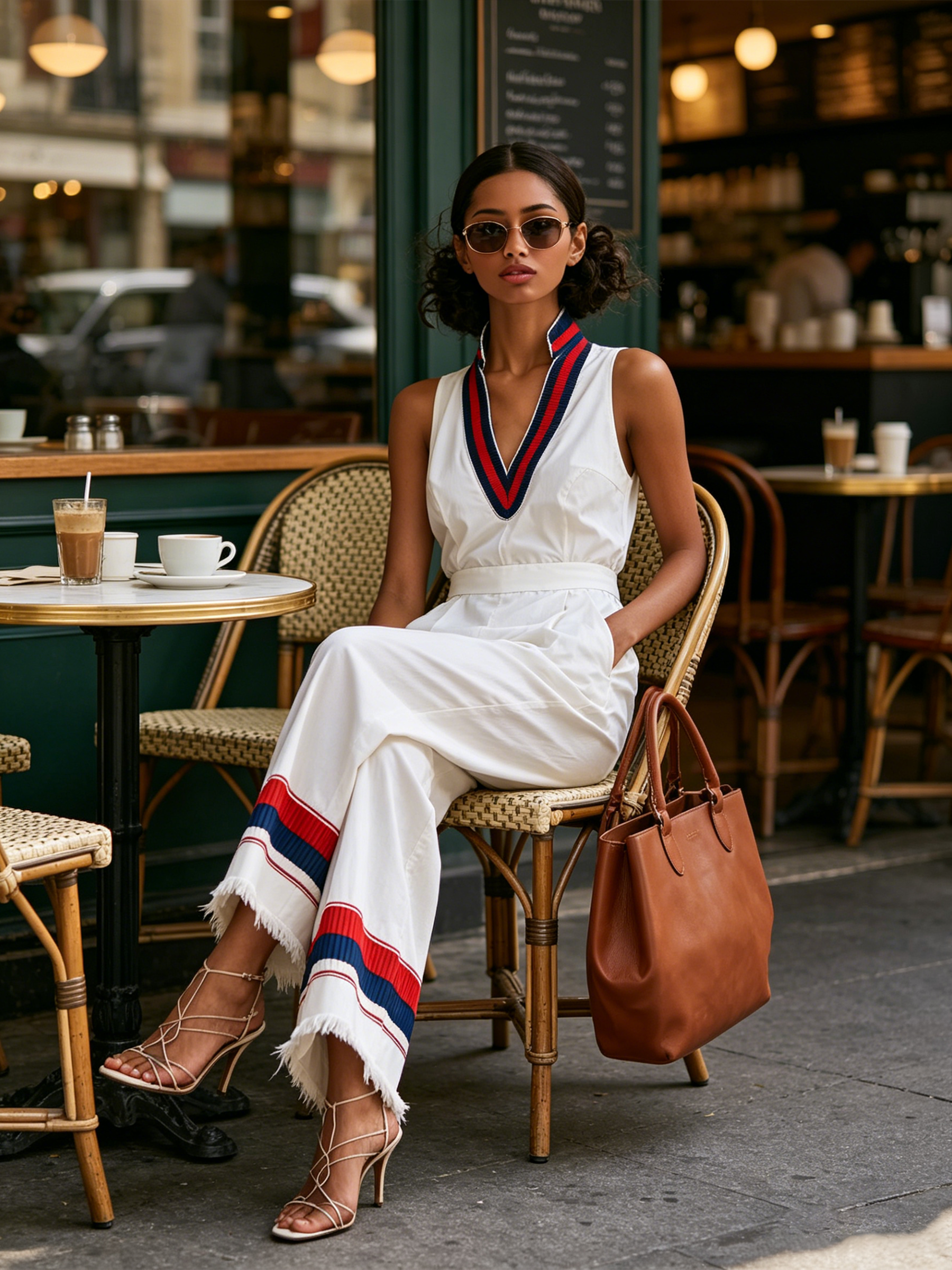 V-Neck Striped Rib Trim Sleeveless High Waist Wide Leg Jumpsuit