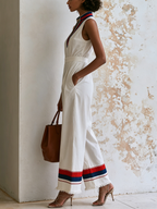 V-Neck Striped Rib Trim Sleeveless High Waist Wide Leg Jumpsuit