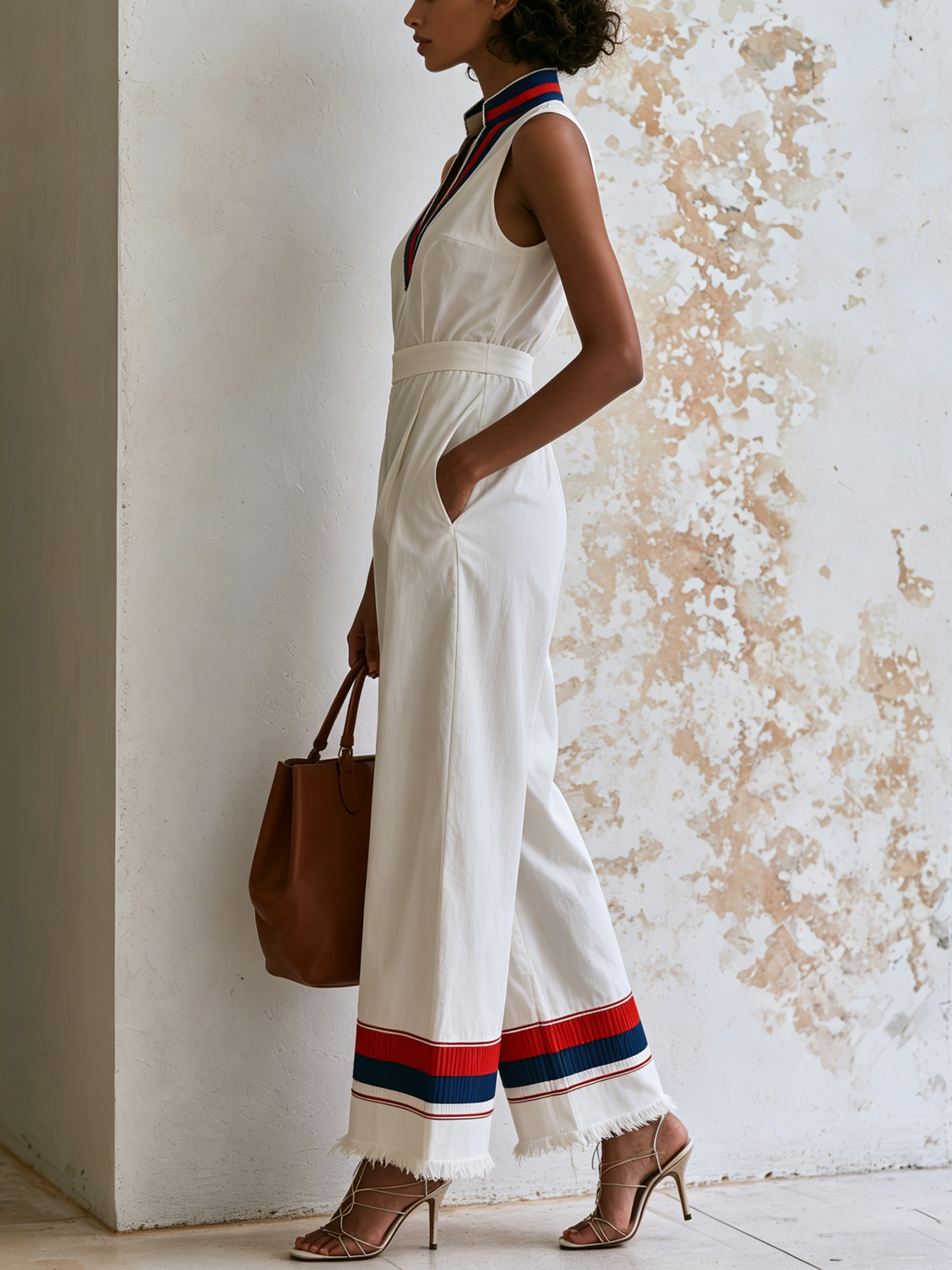 V-Neck Striped Rib Trim Sleeveless High Waist Wide Leg Jumpsuit