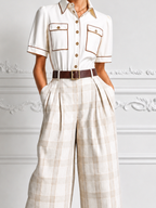 Ivory Contrast Piping Utility Shirt & Beige Plaid Wide Leg Cropped Trousers Two-Piece Suit Set
