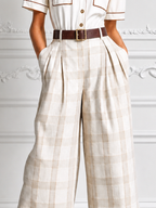Ivory Contrast Piping Utility Shirt & Beige Plaid Wide Leg Cropped Trousers Two-Piece Suit Set