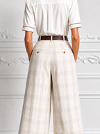 Ivory Contrast Piping Utility Shirt & Beige Plaid Wide Leg Cropped Trousers Two-Piece Suit Set