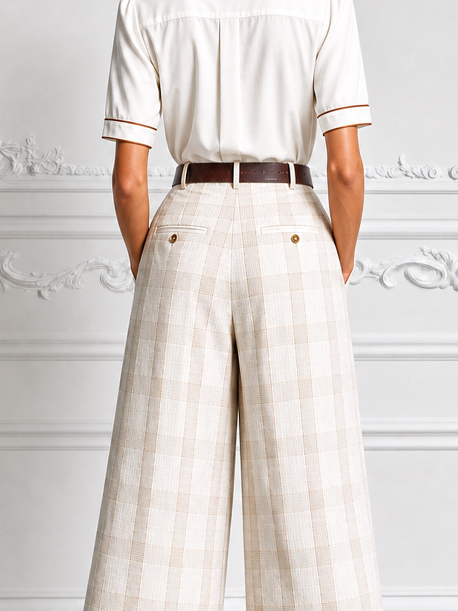Ivory Contrast Piping Utility Shirt & Beige Plaid Wide Leg Cropped Trousers Two-Piece Suit Set