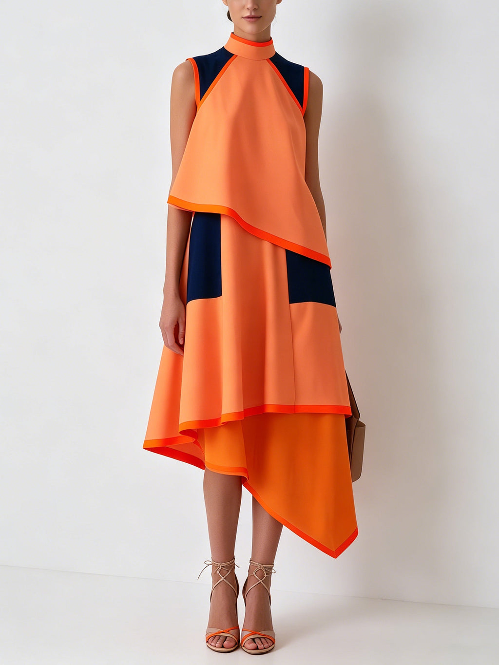 Asymmetric Orange Colorblock Midi Dress – High Neck Sleeveless Designer Dress With Navy Contrast Panels