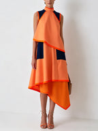 Asymmetric Orange Colorblock Midi Dress – High Neck Sleeveless Designer Dress With Navy Contrast Panels