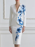 V-Neck Single Button Watercolor Blue Floral Blazer & Pencil Midi Skirt Two-Piece Suit Set