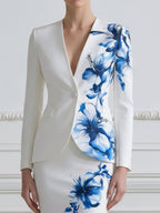 V-Neck Single Button Watercolor Blue Floral Blazer & Pencil Midi Skirt Two-Piece Suit Set