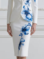 V-Neck Single Button Watercolor Blue Floral Blazer & Pencil Midi Skirt Two-Piece Suit Set