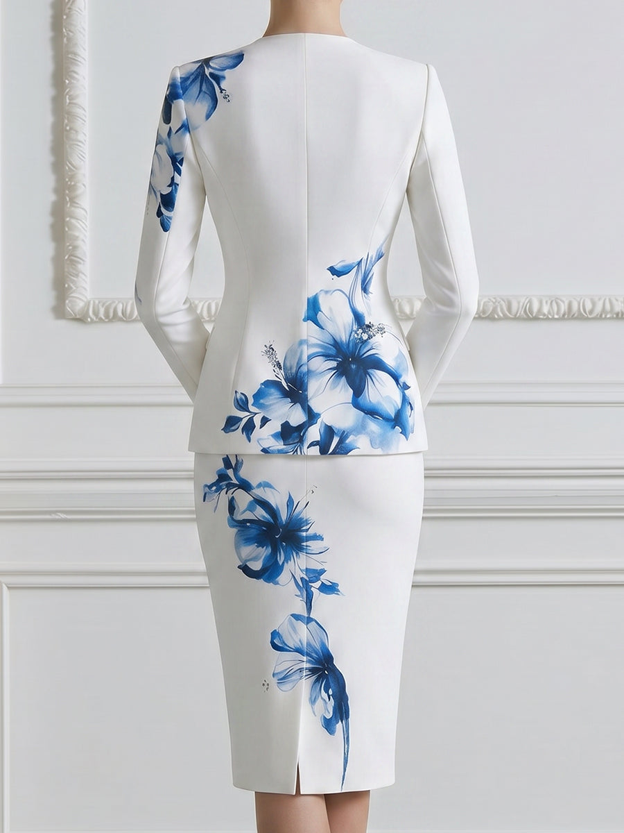 V-Neck Single Button Watercolor Blue Floral Blazer & Pencil Midi Skirt Two-Piece Suit Set