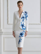 V-Neck Single Button Watercolor Blue Floral Blazer & Pencil Midi Skirt Two-Piece Suit Set
