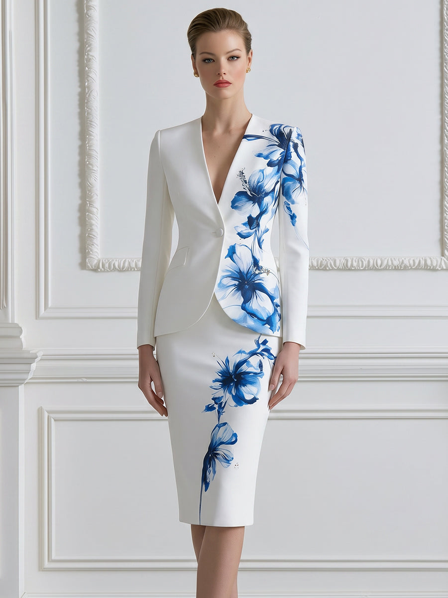 V-Neck Single Button Watercolor Blue Floral Blazer & Pencil Midi Skirt Two-Piece Suit Set