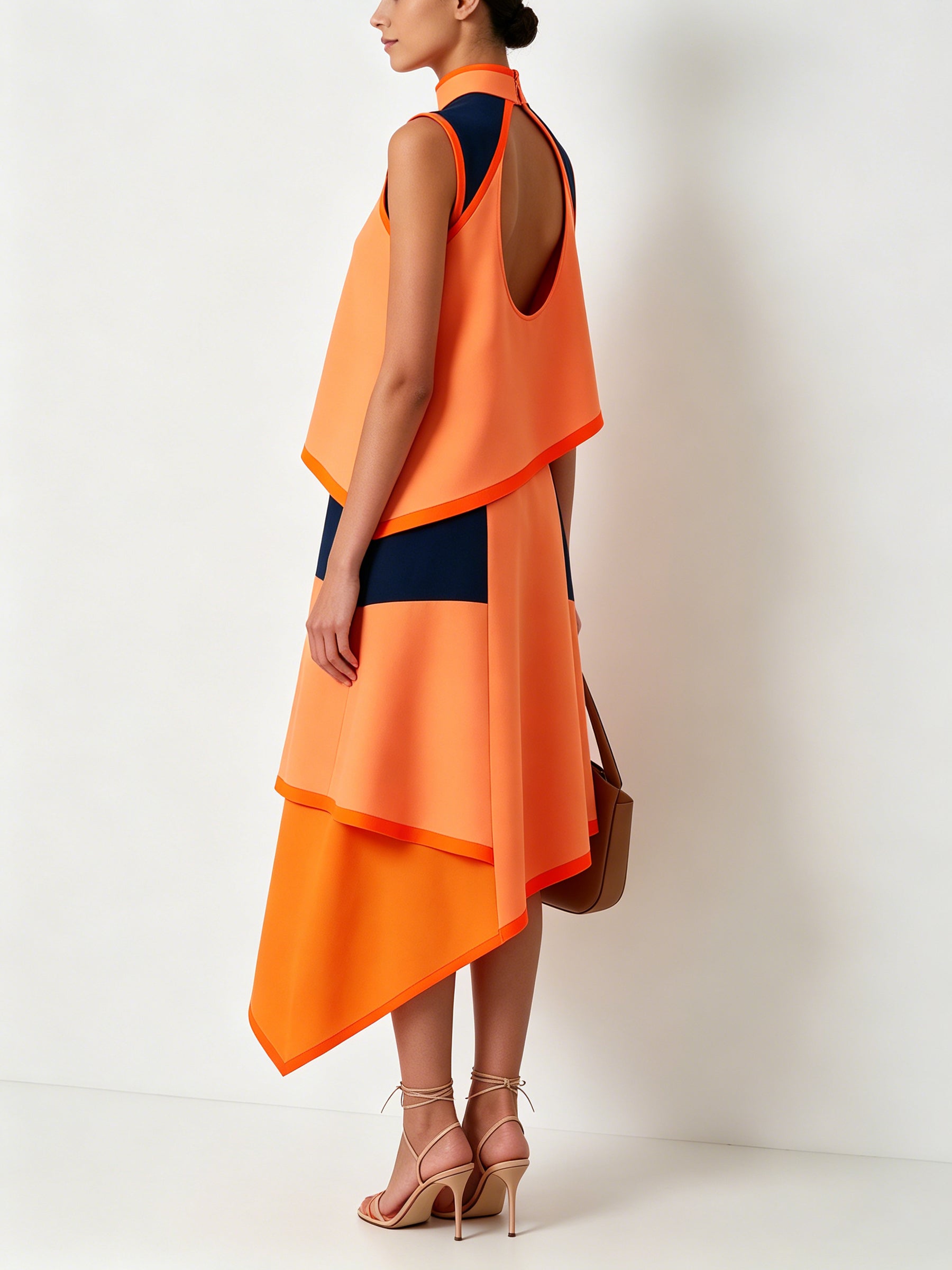 Asymmetric Orange Colorblock Midi Dress – High Neck Sleeveless Designer Dress With Navy Contrast Panels