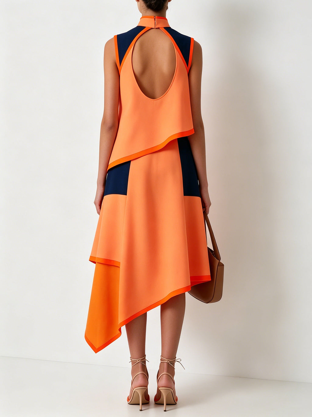 Asymmetric Orange Colorblock Midi Dress – High Neck Sleeveless Designer Dress With Navy Contrast Panels