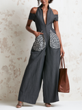 Halter Cold Shoulder Zip Front Leopard Patch Pocket Wide Leg Linen Jumpsuit