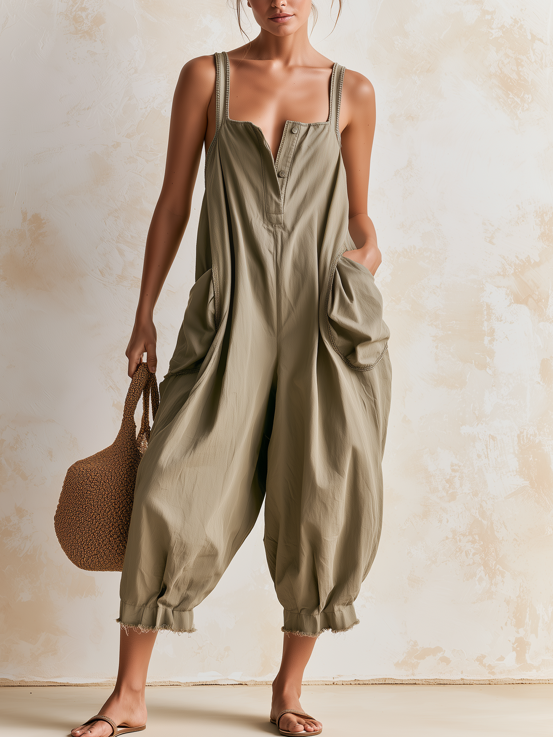 Sage Green Loose Sling Cropped Jumpsuit