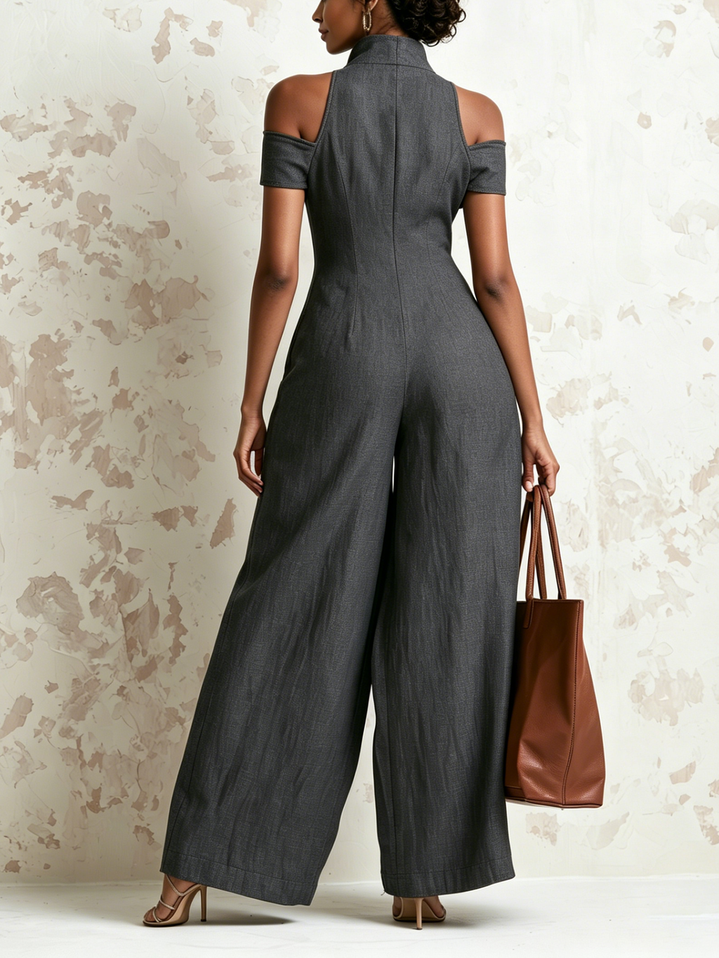 Halter Cold Shoulder Zip Front Leopard Patch Pocket Wide Leg Linen Jumpsuit