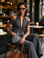 Halter Cold Shoulder Zip Front Leopard Patch Pocket Wide Leg Linen Jumpsuit