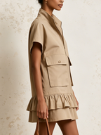 Khaki Utility Cargo Mini Dress With Half-Zip Stand Collar, Ruffle Hem & Flap Pockets