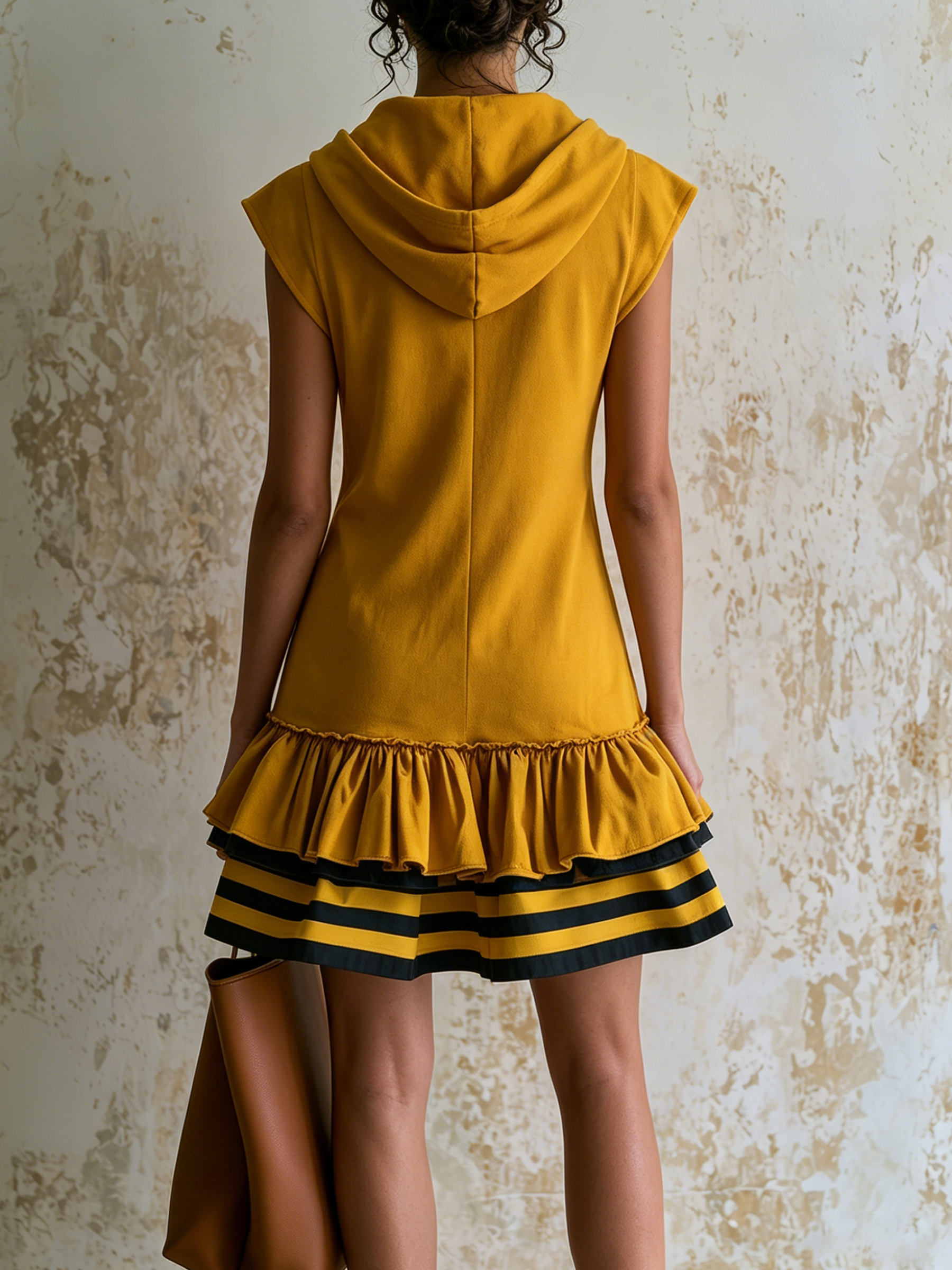 Mustard Sleeveless Hooded Mini Sweatshirt Dress With Ruffle Hem & Striped Tiered Skirt