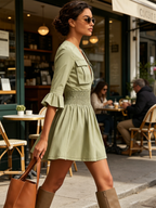 Sage Green Utility Mini Dress With Deep V Neck, Flare Cuffs & Smocked Elastic Waist