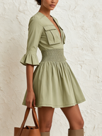 Sage Green Utility Mini Dress With Deep V Neck, Flare Cuffs & Smocked Elastic Waist