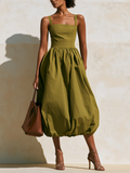 Square Neck Spaghetti Strap Midi Bubble Hem Midi Dress | Fitted Waist Voluminous Balloon Skirt